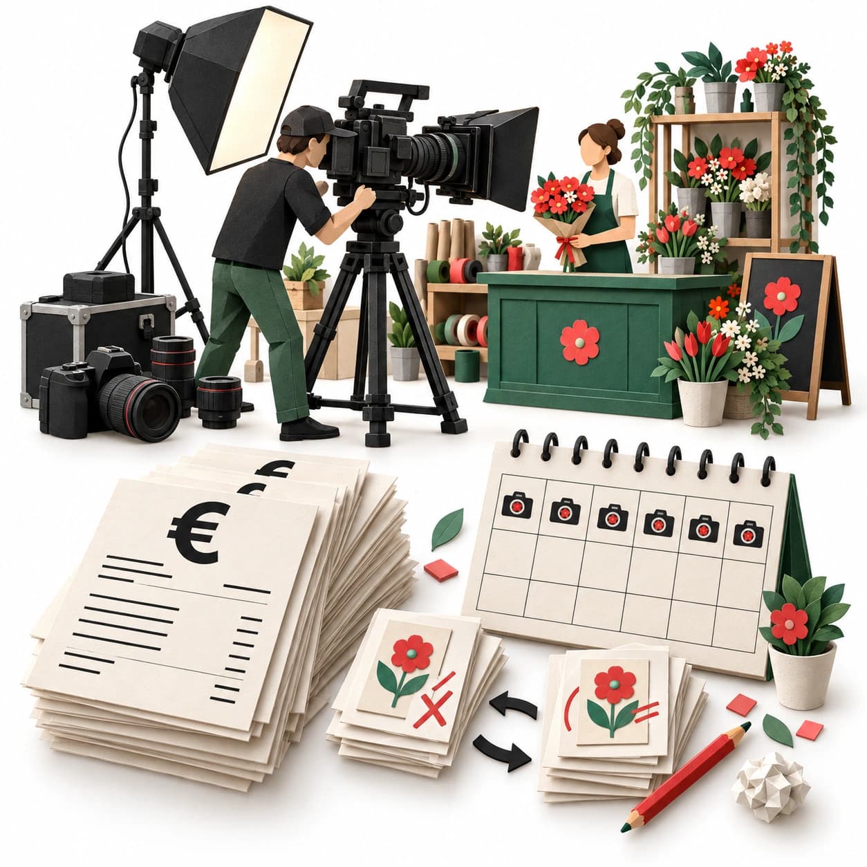 Paper illustration: an on-site photo and video shoot with camera, lighting, and recurring invoices.