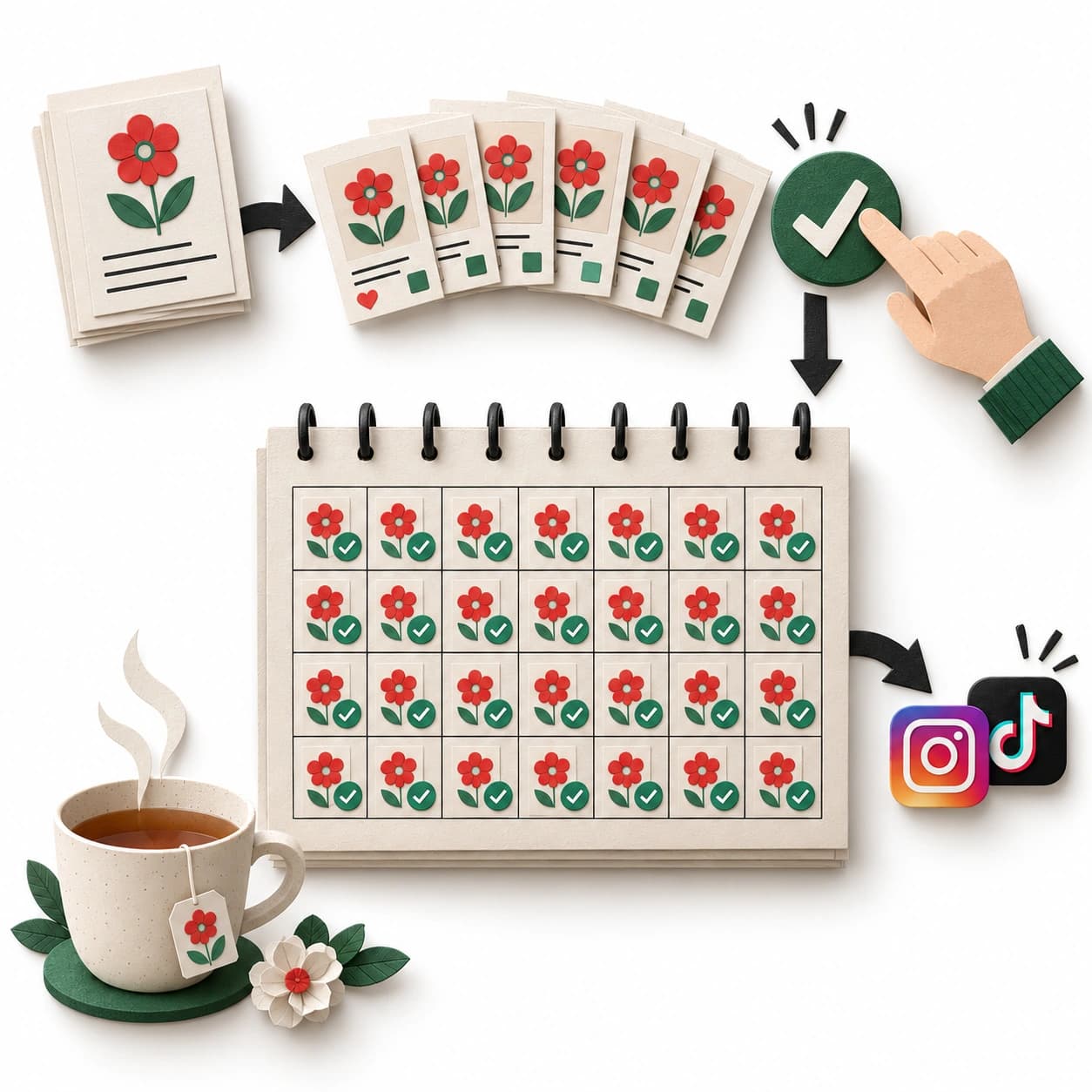 Paper illustration: AI creates a batch of posts, a quick approval sends them to a full monthly calendar, with tea alongside.